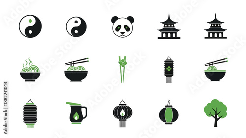 Collection of eastern asian culture symbols and food icons including yin yang panda pagoda noodles lanterns and tea