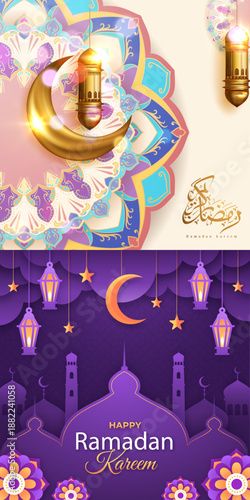 Set of Elegant Vertical Ramadan Kareem Banners. Islamic Festival Greeting Cards with Gold Crescent Moon, Lanterns, Mosque Silhouettes, and Mandalas for Social Media Stories
