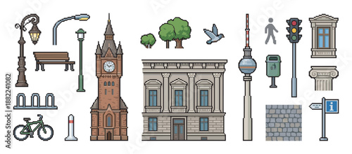 Set of pixel art city icons featuring buildings, street furniture, and urban elements in a retro 8-bit video game style for creative design projects