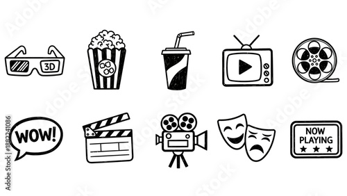 Cinema icons collection 3d glasses popcorn soda vintage tv film reel clapperboard camera masks and playing sign