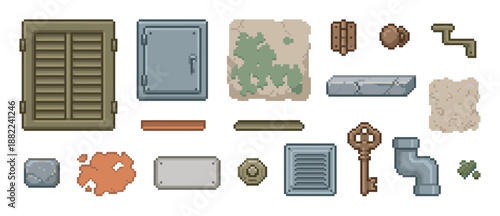 Pixel art game asset collection featuring various industrial and architectural elements like a door, window, key, pipe, and textures for retro 8-bit video game level design