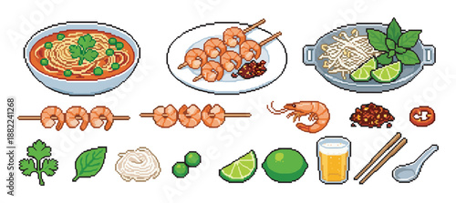 Pixel art food icon set of Asian cuisine with spicy noodle soup, grilled shrimp skewers, fresh herbs, and lime for a retro video game menu or restaurant design