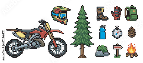 Pixel art set of motocross and camping icons including a dirt bike, helmet, tree, and adventure gear for a retro video game asset collection