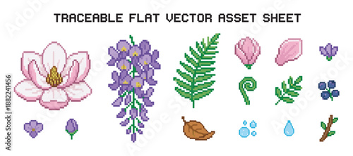 Pixel art set of botanical icons including magnolia, wisteria, fern, and berries, designed in a charming retro 8-bit video game style for digital assets and creative projects