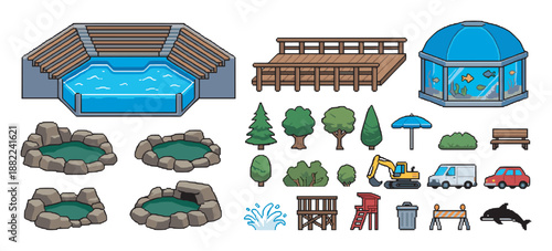 Set of pixel art game design elements featuring a show pool, aquarium, vehicles, trees, and various park objects in a retro 8-bit style for creative development projects