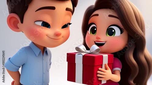 Valentine's Day: A young boy giving a gift to a smiling girl in a heartwarming video moment