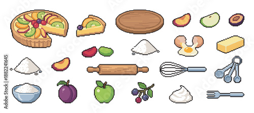 Pixel art baking and cooking icon set with a fruit tart, ingredients, and kitchen utensils for a retro video game style culinary theme, featuring detailed 8-bit illustrations