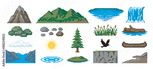 Set of pixel art nature icons for creating a retro video game landscape with mountains, trees, a waterfall, a lake, and a canoe for an 8-bit adventure