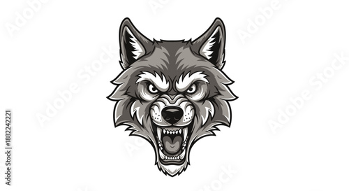 Ferocious wolf head illustration with sharp fangs and angry expression