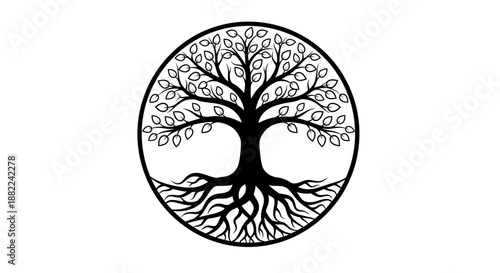 Symbolic tree silhouette in circle design isolated on white background