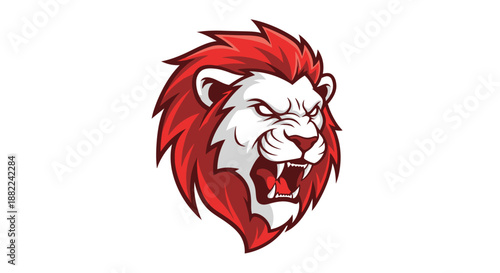 Roaring lion head illustration in red and white against a clean background