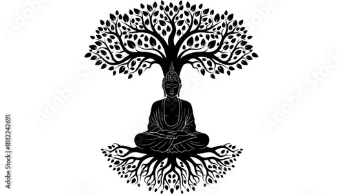 Meditating buddha under a tree silhouette against white background