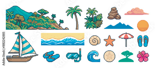 Pixel art set of summer vacation icons featuring a tropical island, sailboat, palm trees, and beach elements in a retro 8-bit video game style
