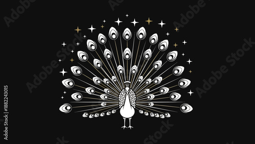 Elegant peacock illustration with open tail and stars on black background