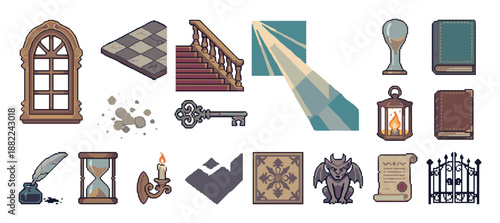 Pixel art icon set of fantasy objects including a key, book, candle, and gargoyle for a retro video game asset collection, showing various medieval and mysterious elements