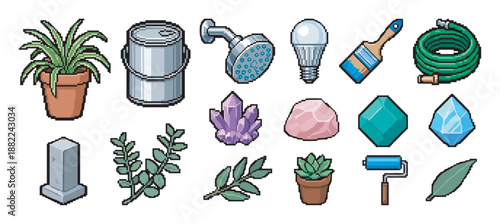 Detailed collection of pixel art icons featuring various household, garden, and nature objects like plants, tools, and crystals for a retro video game asset pack