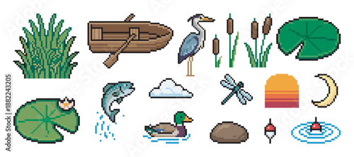 Pixel art collection of pond life icons featuring a wooden boat, heron, duck, fish, and dragonfly in a retro 8-bit video game style for nature or fishing themes