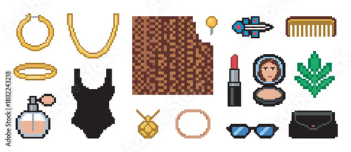 Pixel art set of women's fashion accessories including jewelry, cosmetics, clothing, and a handbag in a retro 8-bit video game style illustration for design elements