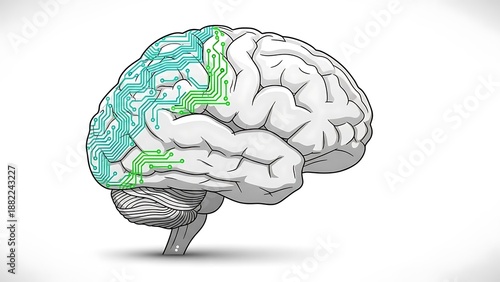 Conceptual artwork of a human brain with integrated circuit board patterns
