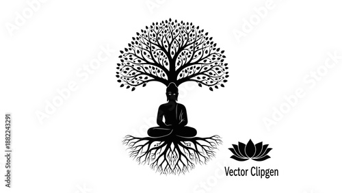 Meditating buddha under tree silhouette vector illustration for calmness