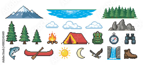 Collection of pixel art camping and hiking icons featuring a mountain, tent, campfire, and forest elements in a retro 8-bit video game style for adventure themes