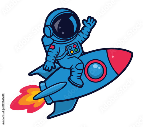 A cartoon astronaut riding a rocket ship through outer space with a big smile