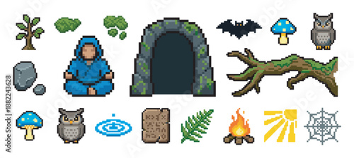 Pixel art collection of fantasy adventure icons including a monk, cave, owl, bat, campfire, and magic scroll for a retro 8-bit video game design