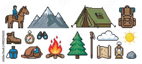 Pixel art camping and hiking icon set featuring a tent, backpack, campfire, mountains, and other outdoor adventure elements in a retro 8-bit video game style