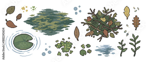 Pixel art set of natural elements for a pond or forest scene, including a lily pad, autumn leaves, water ripples, moss, and twigs in a retro 8-bit style