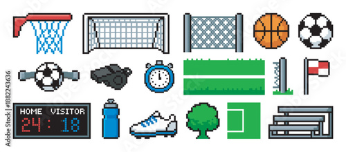 Pixel art sports equipment icon set featuring various items for soccer and basketball games, including a ball, goal, scoreboard, and whistle in a retro 8-bit video game style