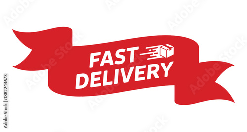 A red ribbon with the words 'Fast Delivery' and a small icon of a package being delivered quickly.