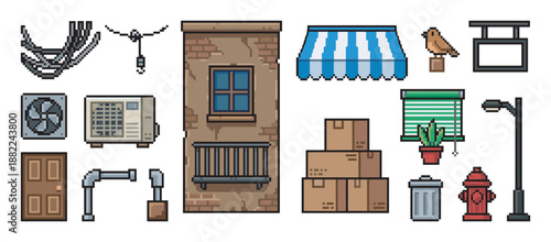 Pixel art set of various urban street objects for game design, featuring a building facade, air conditioner, boxes, and a fire hydrant in a retro 8-bit video game style