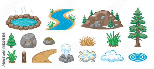 Set of pixel art nature icons for a retro video game, including a hot spring, river, mountain, trees, rocks, and a geyser, rendered in a classic 8-bit style illustration