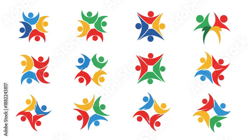 Abstract group of people icons in various colorful arrangements