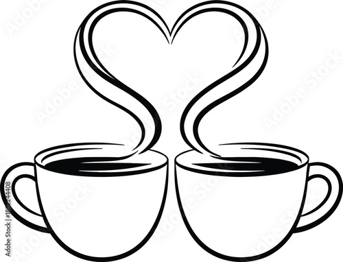 Two coffee cups with heart shaped steam line art vector illustration for cafe branding, valentines day, or romantic breakfast concept.