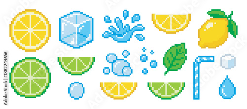 Set of pixel art icons featuring lemonade ingredients like lemon, lime, ice cube, mint leaf, sugar, and water splash, rendered in a colorful 8-bit retro video game style