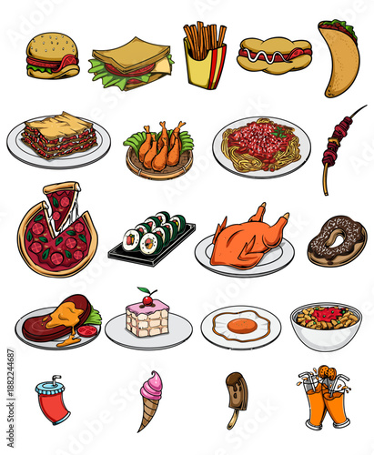 Detailed Hand Drawn Food Icons Set Featuring Global Cuisine Desserts and Drinks