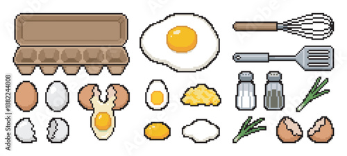Pixel art egg cooking icon set showing various preparations like fried and scrambled, with a carton, whisk, and spatula in a retro 8-bit video game style