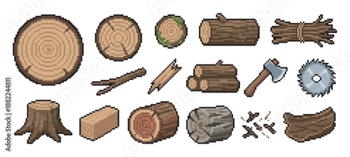Pixel art wood and lumber icon set in a retro 8-bit video game style, featuring various forestry and crafting elements like logs, a stump, an axe, and a saw blade