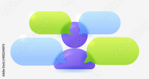 Profile avatar with four chat bubbles. Discussion or question answering 3D icon
