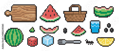 Set of pixel art summer picnic icons with watermelon, a basket, cutting board, and lemon in a retro 8-bit video game style illustration collection
