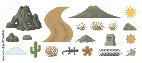 Collection of pixel art desert environment assets for video game design, including a volcano, cactus, road, rocks, and sun in a retro 8-bit style