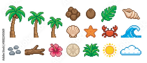 Collection of tropical beach pixel art icons featuring palm trees, coconuts, seashells, a crab, and an ocean wave in a colorful retro 8-bit video game graphic style
