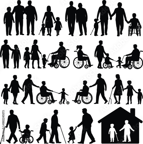 Family diversity silhouettes showing inclusive community with children parents elderly and wheelchair users representing care support unity and accessibility illustration