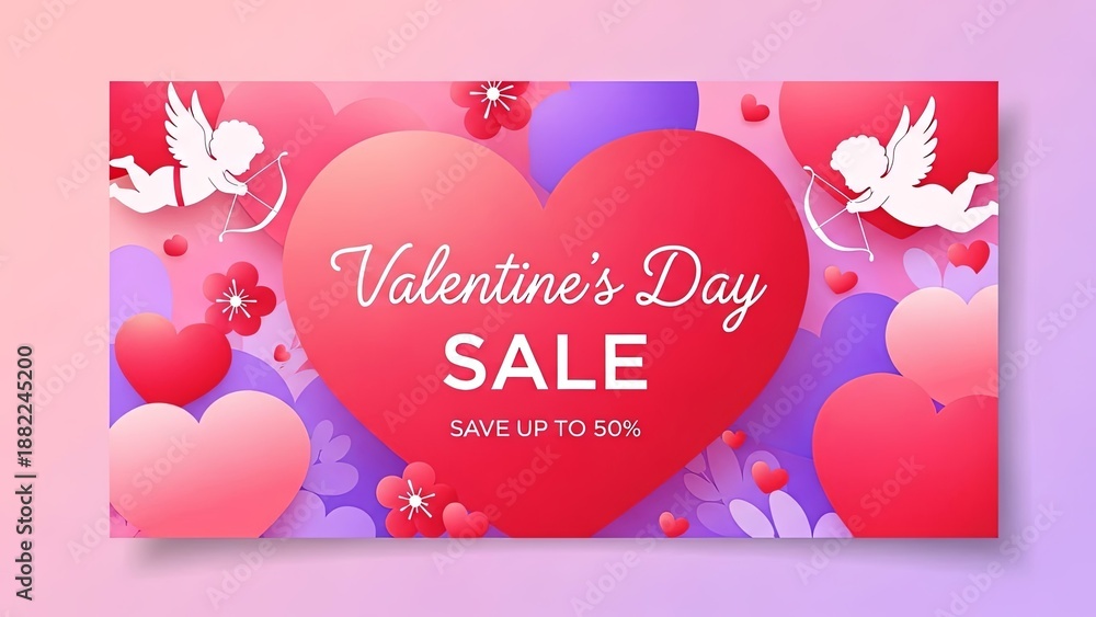 Fototapeta premium Valentines Day sale banner with flying cherubs and heart shapes. Love holiday promotion concept for greeting card promotion.