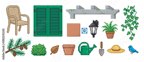 Collection of pixel art gardening objects including a wicker chair, green shutters, potted plants, watering can, and tools in a retro 8-bit video game sprite style