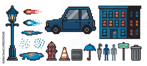 Set of pixel art city street assets for a retro video game, including a car, building, lamppost, fire hydrant, and various urban objects in a classic 8-bit graphic style