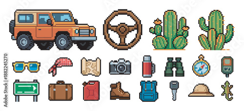 Pixel art icon set for travel adventure featuring an off-road car, cactus, camera, map, and other safari equipment in a retro 8-bit video game style illustration
