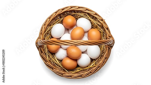 Wallpaper Mural Top View of Fresh Organic Brown and White Chicken Eggs in a Wicker Basket with Hay Isolated on White Background
 Torontodigital.ca