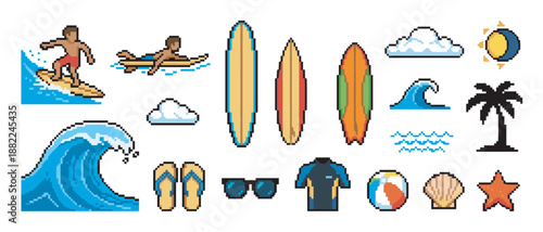 Pixel art surfing and beach icon set featuring a surfer on a wave, surfboards, a palm tree, and summer elements in a retro 8-bit video game style